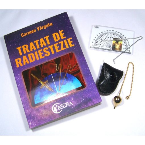 Kit radiestezic: pendul auriu din metal, ansa din inox si cartea Tratat de radiestezie