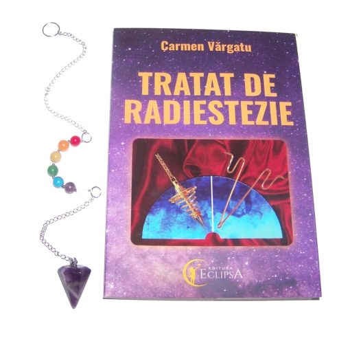 Pendul din ametist multifatetat cu lantisor argintiu si cristalele celor 7 chakre